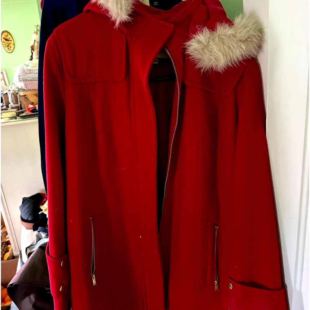 Red dress coat with faux fur trimmed hood